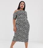 Asos Design Curve Pleated Shoulder Pencil Dress In Mono Polka Dot-multi