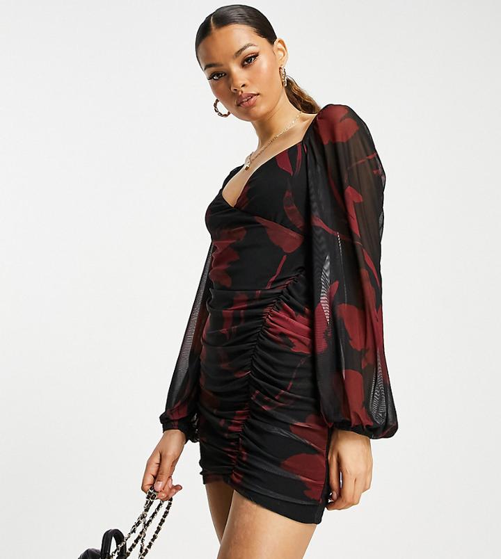 Asos Design Petite Mesh Ruched Off The Shoulder Mini Dress In Dark Red Floral-multi