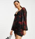 Asos Design Petite Mesh Ruched Off The Shoulder Mini Dress In Dark Red Floral-multi