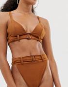 Prettylittlething Bikini Bottoms With Tortoishell Belt Buckle Detail In Mocha - Brown