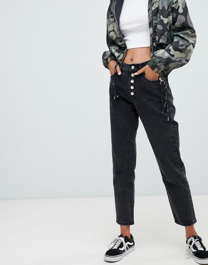 Pull & Bear Five Button Mom Jean In Black - Black