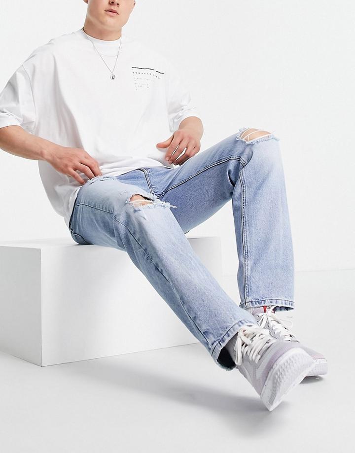 Asos Design Original Fit Jeans In Vintage Light Wash With Heavy Rips-blues