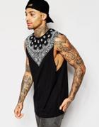 Asos Longline Sleeveless T-shirt With Dropped Armhole And Bandana Print - Black