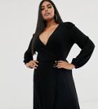 Asos Design Curve Puff Sleeve Wrap Maxi Dress With High Split - Black