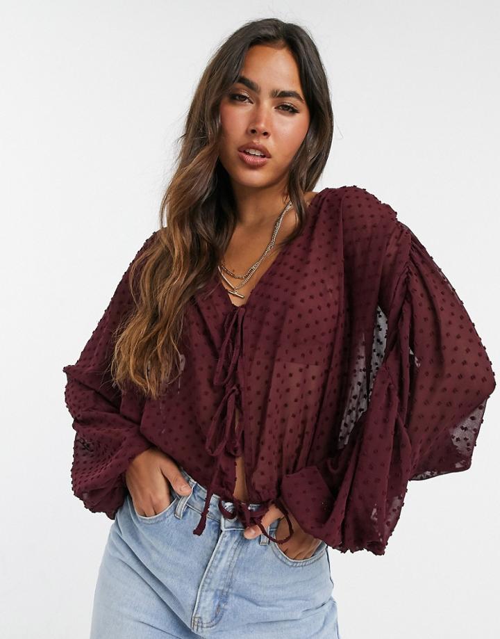 Asos Design Long Sleeve Sheer Textured Plunge Top In Berry