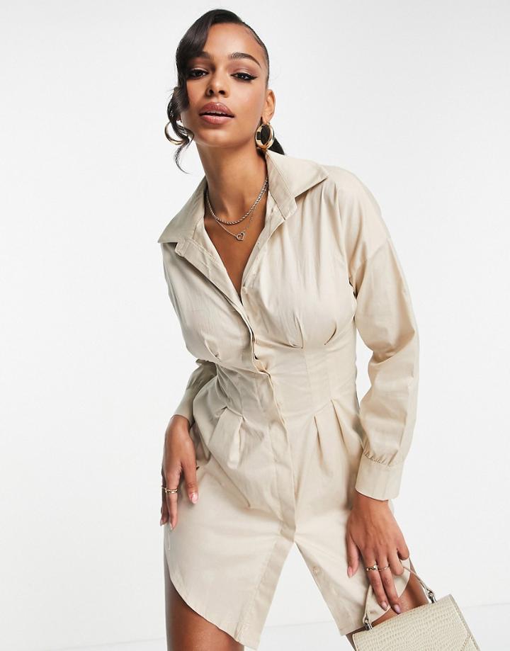 Rebellious Fashion Tailored Waist Long Sleeve Shirt Dress In Stone-neutral