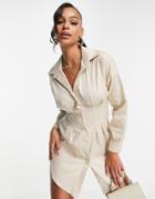 Rebellious Fashion Tailored Waist Long Sleeve Shirt Dress In Stone-neutral