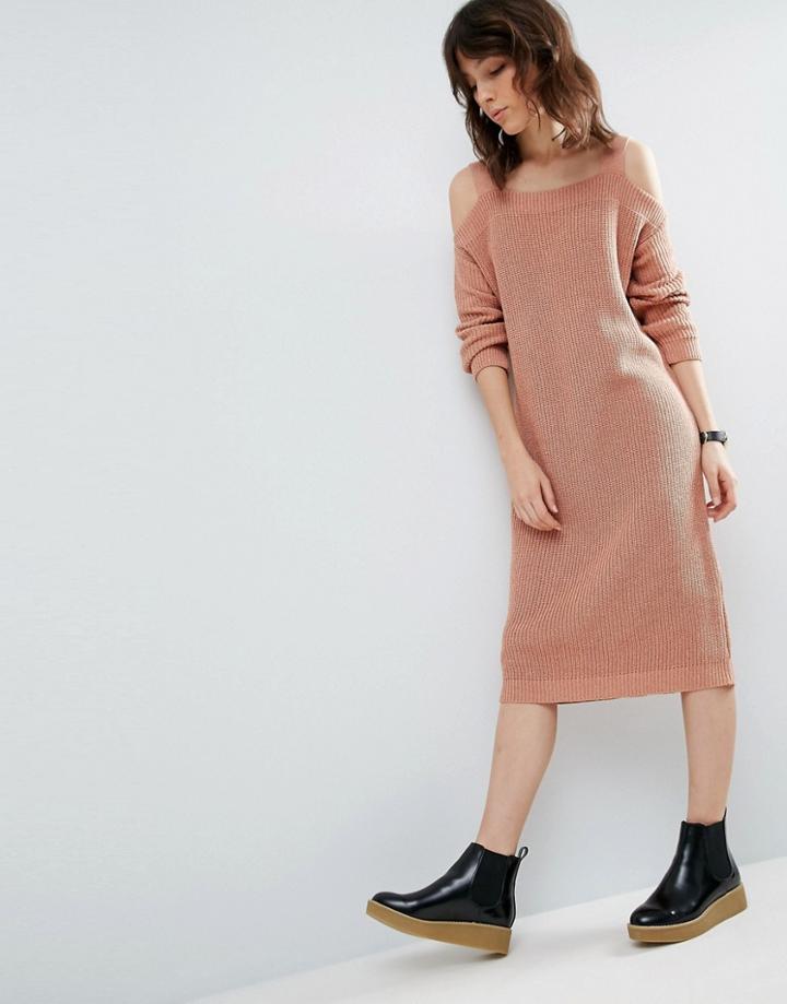 Asos Knitted Midi Dress With Cold Shoulder - Pink