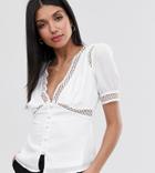 Fashion Union Tall Short Sleeved Blouse With Lace Inserts - White