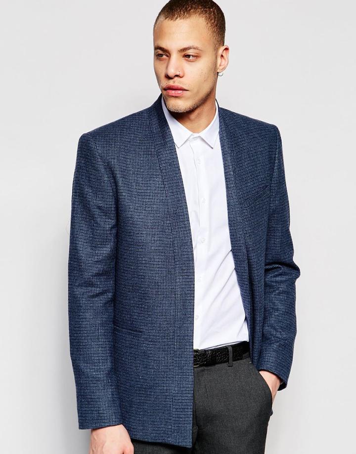Asos Slim Blazer In Blue Dogstooth - Blue
