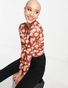 Asos Design Mesh Long Sleeve Crop Top With Autumnal Ditsy - Multi