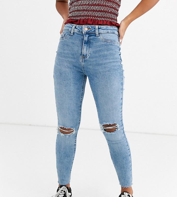 New Look Petite Ripped Skinny Jean In Mid Blue