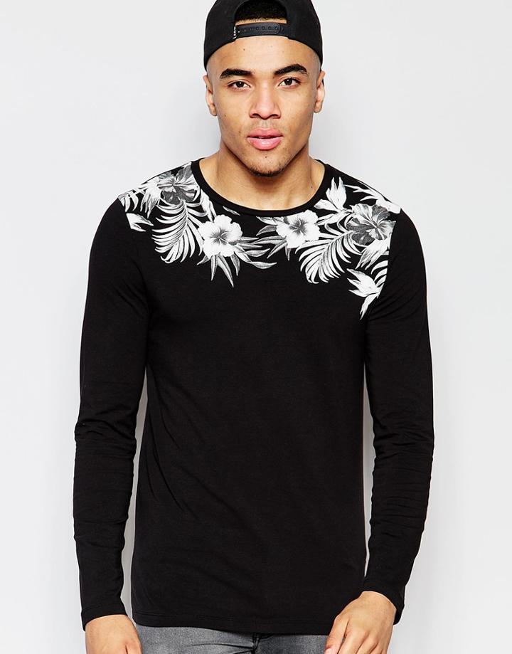 Asos Muscle Long Sleeve T-shirt With Floral Yoke Print - Black