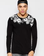 Asos Muscle Long Sleeve T-shirt With Floral Yoke Print - Black