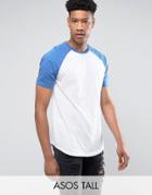 Asos Tall Longline T-shirt With Contrast Raglan And Curved Hem In White/blue - White