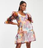 Twisted Wunder Maternity Smock Mini Organza Dress In Watercolor Floral-multi