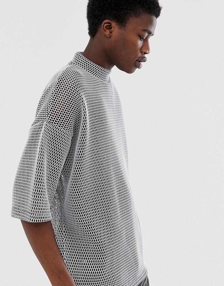 Asos Design Oversized T-shirt In Half Sleeve With Turtleneck In Chunky Mesh-gray