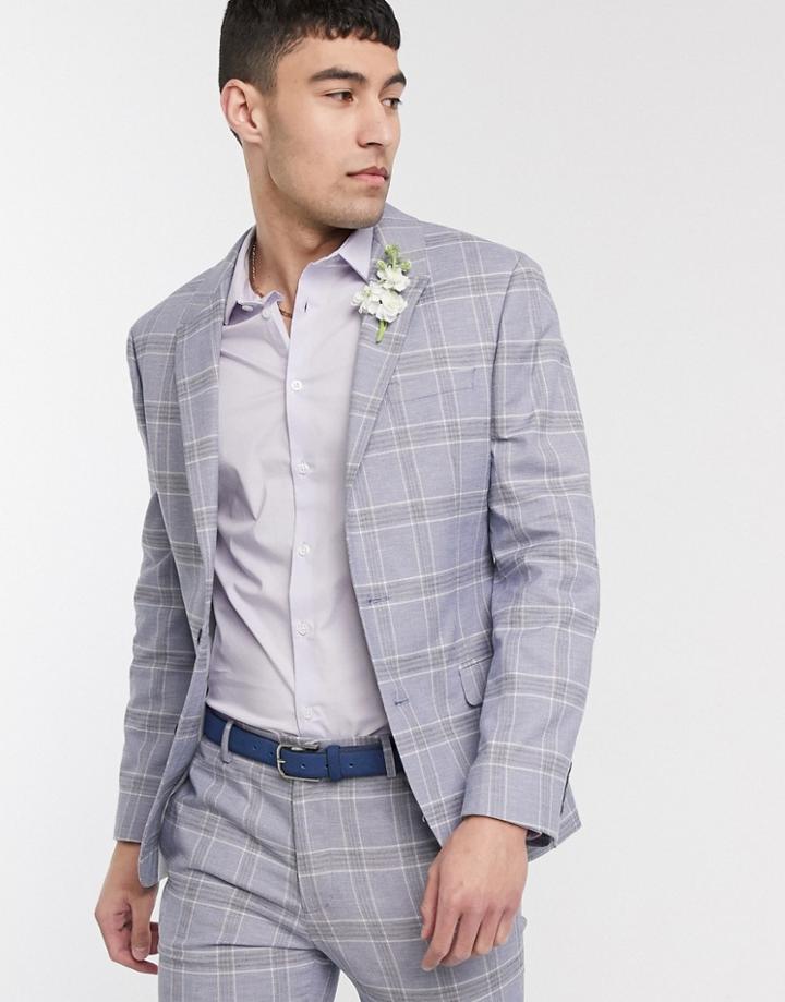 Asos Design Wedding Super Skinny Suit Jacket In Blue Linen Windowpane Check-blues