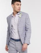 Asos Design Wedding Super Skinny Suit Jacket In Blue Linen Windowpane Check-blues