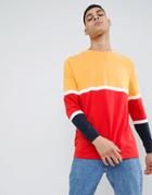 Asos Design Relaxed Longline Long Sleeve T-shirt With Bright Color Block In Red - Red