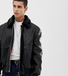 Collusion Faux Leather Bomber With Fleece Collar - Black