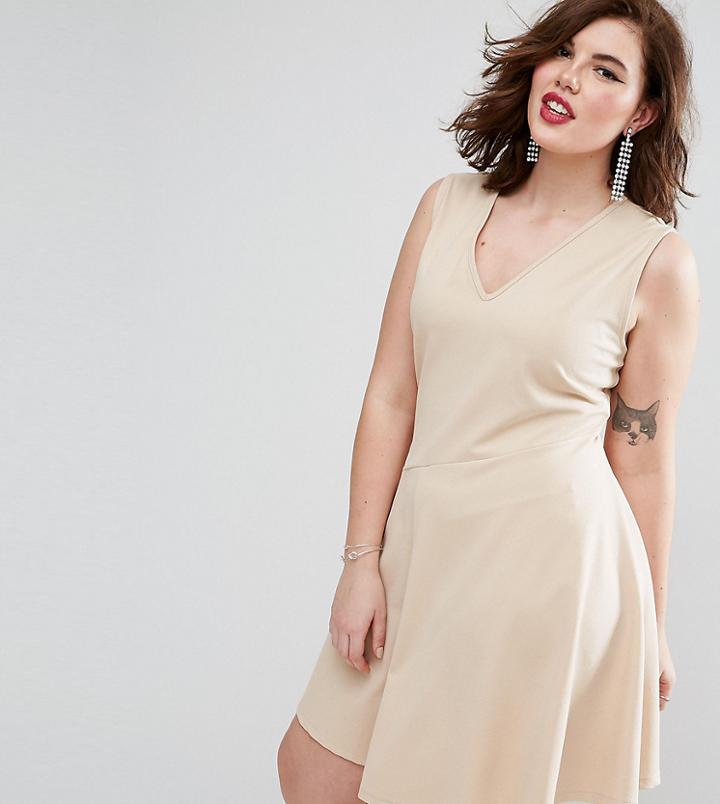 Asos Curve Skater Dress With Asymmetric Full Skirt Dress With V Neck - Pink