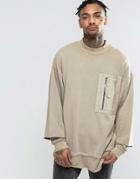 Asos Longline Oversized Sweatshirt With Double Layer & Woven Zip Pockets - Beige