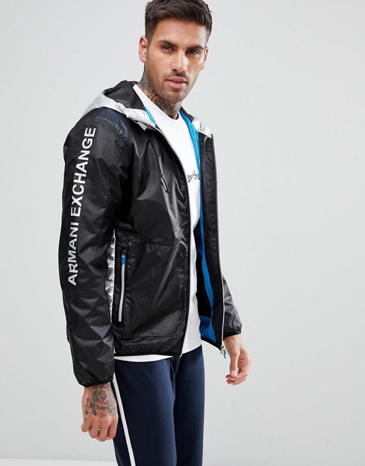 Armani Exchange Hooded Silver Detail Jacket In Black - Black