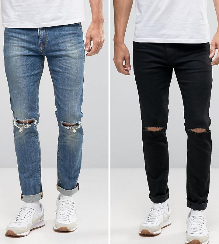 Asos Skinny Jeans 2 Pack In Black With Knee Rips & Mid Blue With Knee Rips Save - Multi