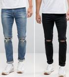 Asos Skinny Jeans 2 Pack In Black With Knee Rips & Mid Blue With Knee Rips Save - Multi
