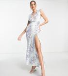 Asos Design Tall Ruched Sleeveless Satin Midi Dress In Bright Blue Floral-multi