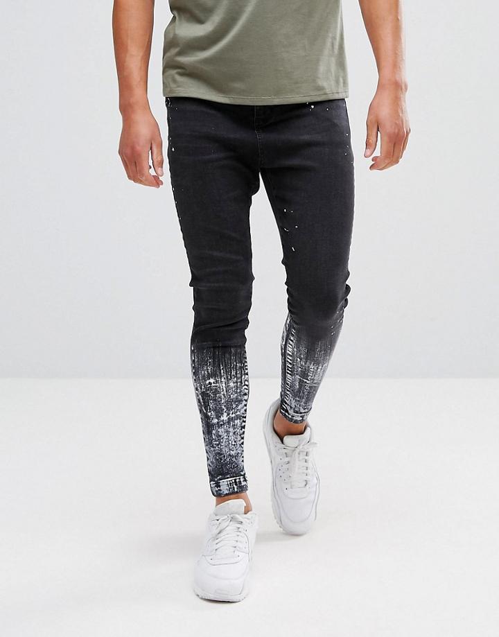 11 Degrees Muscle Fit Drop Crotch Jeans In Black With Paint Splat - Black