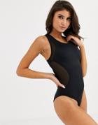 Asos 4505 Mesh Insert Swimsuit With Cut Out Back Detail In Recycled Polyester-black