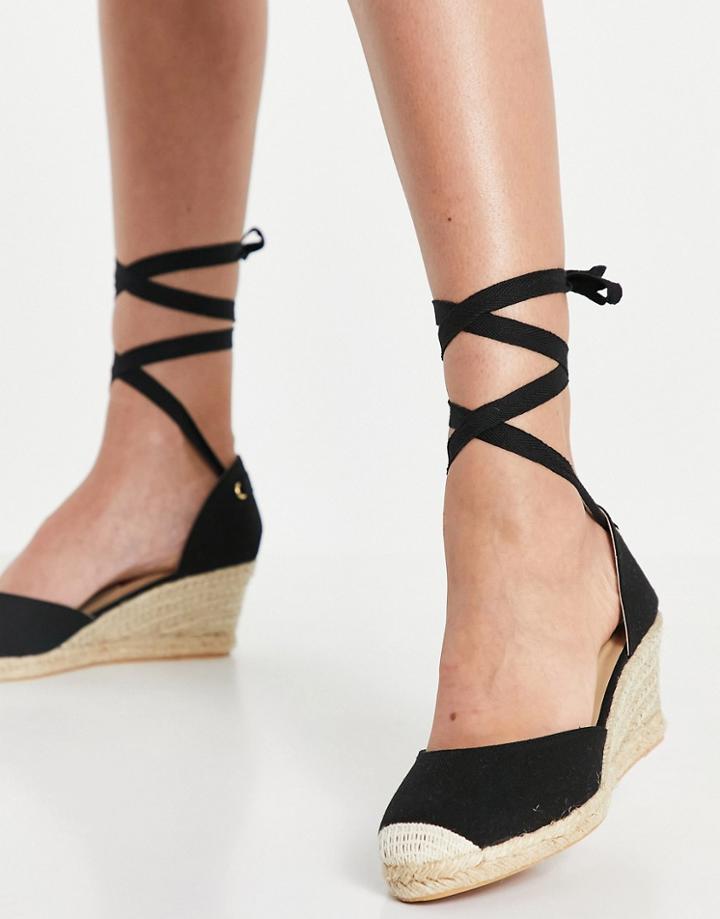 London Rebel Tie Leg Espadrille Wedges In Black