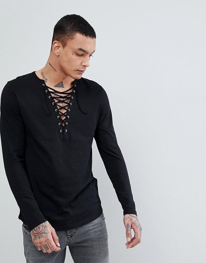 Asos Longline Long Sleeve T-shirt With Deep Lace Up Neck And Curved Hem With Gold Eyelets - Black