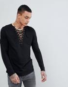 Asos Longline Long Sleeve T-shirt With Deep Lace Up Neck And Curved Hem With Gold Eyelets - Black