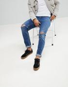 Asos Slim Jeans In Vintage Dark Wash With Knee Rips - Blue