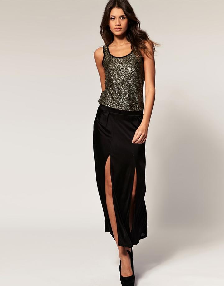 Asos Midi Skirt With Side Slit - Black