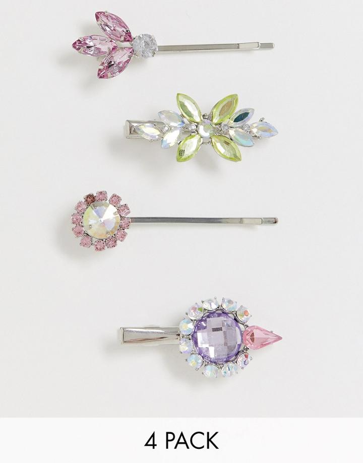 Asos Design Pack Of 4 Hair Clips With Color Crystal And Jewels In Silver Tone - Silver
