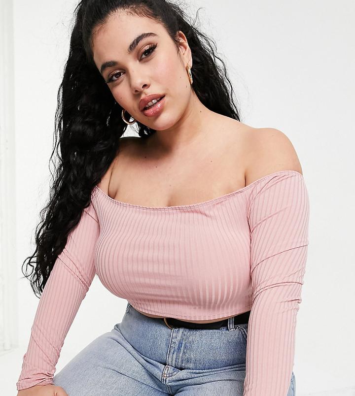 Flounce Plus Off Shoulder Ribbed Crop Top In Blush-pink