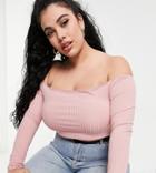 Flounce Plus Off Shoulder Ribbed Crop Top In Blush-pink