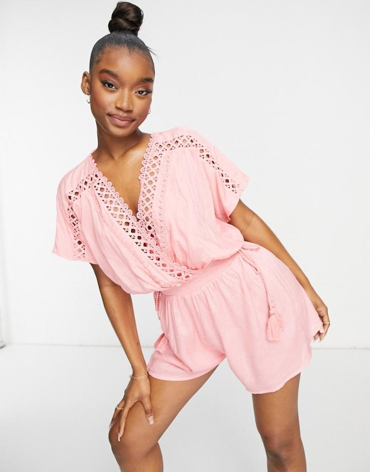 River Island Textured Plunge Beach Romper In Pink