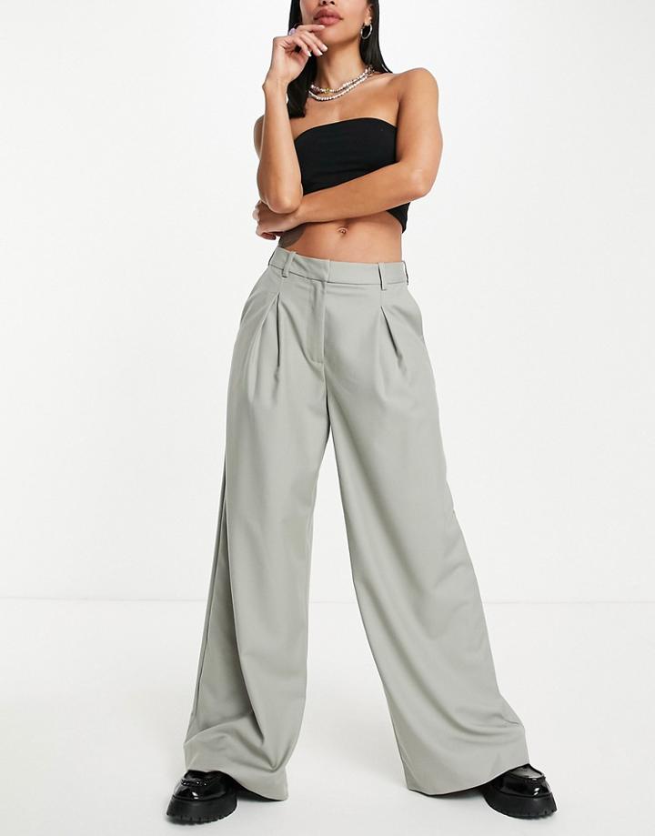 Weekday Indy Polyester Wide Leg Tailored Pants In Khaki - Khaki-green