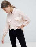 Asos Design Oversized Shirt In Washed Satin With D-ring Detail - Beige