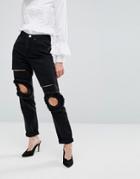 Lost Ink Mom Jeans With Frill Knee And Rips - Black