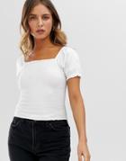 New Look Shirred Puff Sleeve Top In White - White