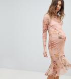 Hope & Ivy Maternity Long Sleeve Printed Mesh Dress With Peplum Hem-multi