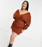 Fashionkilla Plus Knitted Off Shoulder Tie Detail Mini Dress In Chocolate-brown