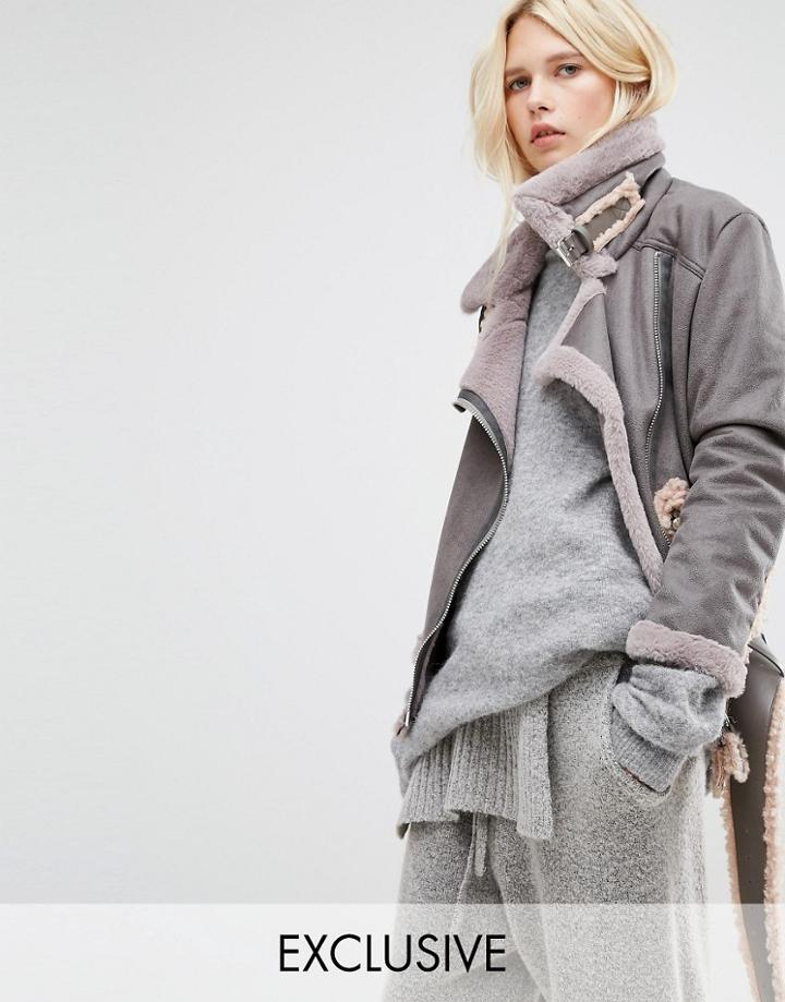 Story Of Lola Longline Aviator Jacket In Faux Shearling - Gray