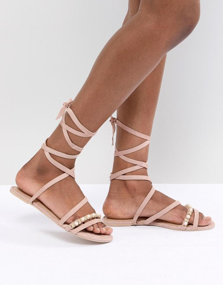Asos Design Fascination Leather Embellished Flat Sandals-beige